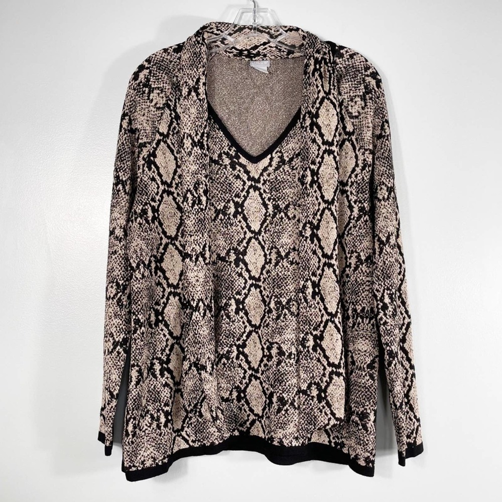 CHICO’S Black & Gold Metallic Reptile Print Tie Neck Sweater Size Large